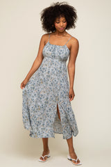 Light Blue Paisley Front Tie Midi Dress