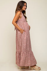 Pink Floral Ruffle Trim Maternity Maxi Dress