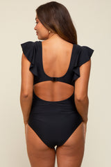 Black Ruffle Shoulder Pleated Side Maternity One Piece Swimsuit