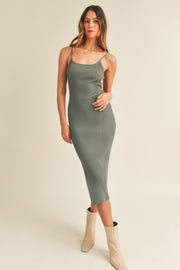 Olive Ribbed Sleeveless Side Slit Midi Dress