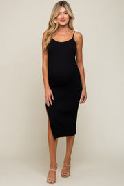 Black Ribbed Sleeveless Side Slit Maternity Midi Dress