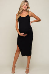 Black Ribbed Sleeveless Side Slit Maternity Midi Dress