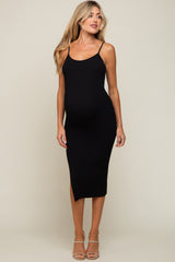 Black Ribbed Sleeveless Side Slit Maternity Midi Dress