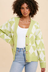 Light Olive Argyle Button Front Maternity Cardigan