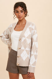 Beige Argyle Button Front Cardigan