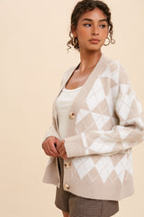 Beige Argyle Button Front Cardigan