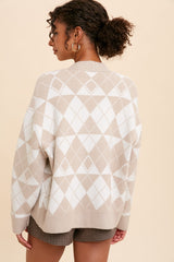 Beige Argyle Button Front Cardigan