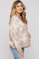 Beige Argyle Button Front Maternity Cardigan