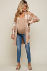 Taupe Plaid Shawl Maternity Cardigan