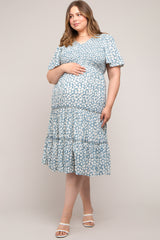 Blue Floral Tiered Maternity Plus Midi Dress