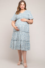 Blue Floral Tiered Maternity Plus Midi Dress