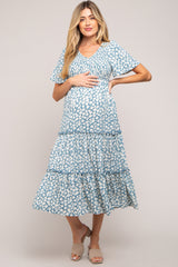 Light Blue Floral Tiered Maternity Midi Dress