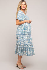 Light Blue Floral Tiered Maternity Midi Dress