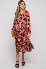 Burgundy Floral Tiered Maternity Long Sleeve Midi Dress