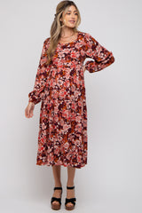 Burgundy Floral Tiered Maternity Long Sleeve Midi Dress