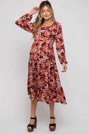 Burgundy Floral Tiered Maternity Long Sleeve Midi Dress