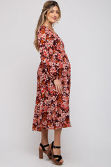 Burgundy Floral Tiered Maternity Long Sleeve Midi Dress