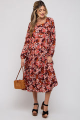 Burgundy Floral Tiered Maternity Long Sleeve Midi Dress