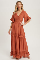 Rust V Neck Lace Trim Maxi Dress