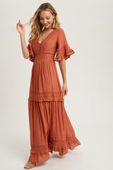 Rust V Neck Lace Trim Maxi Dress