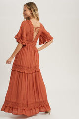 Rust V Neck Lace Trim Maxi Dress