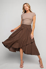 Brown Plaid Ruffle Midi Skirt