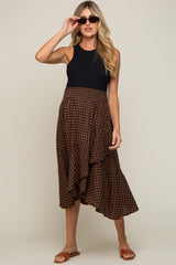 Brown Plaid Ruffle Maternity Midi Skirt