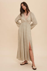 Beige Floral Lace Accent Side Slit Maternity Maxi Dress