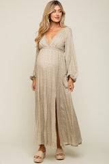 Beige Floral Lace Accent Side Slit Maternity Maxi Dress