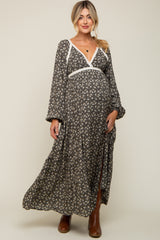 Black Floral Lace Accent Side Slit Maternity Maxi Dress