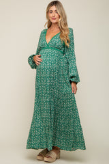 Green Floral Lace Accent Side Slit Maternity Maxi Dress