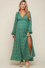 Green Floral Lace Accent Side Slit Maternity Maxi Dress