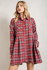 Burgundy Plaid Button Front Long Sleeve Maternity Dress