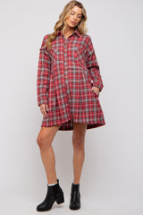 Burgundy Plaid Button Front Long Sleeve Maternity Dress