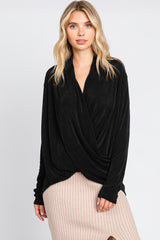 Black Draped Wrap Knit Blouse