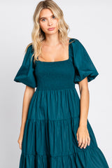 Teal Square Neck Smocked Puff Short Sleeve Tiered Midi Dress