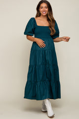 Teal Square Neck Smocked Puff Short Sleeve Tiered Maternity Midi Dress