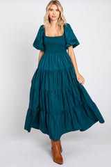 Teal Square Neck Smocked Puff Short Sleeve Tiered Midi Dress