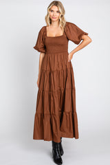 Brown Square Neck Smocked Puff Short Sleeve Tiered Midi Dress