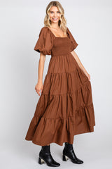 Brown Square Neck Smocked Puff Short Sleeve Tiered Midi Dress