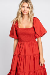 Rust Square Neck Smocked Puff Short Sleeve Tiered Midi Dress