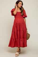 Rust Square Neck Smocked Puff Short Sleeve Tiered Maternity Midi Dress