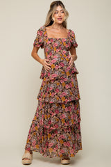 Brown Floral Smocked Square Neck Ruffle Layered Maternity Maxi Dress