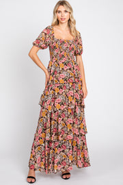 Brown Floral Smocked Square Neck Ruffle Layered Maxi Dress