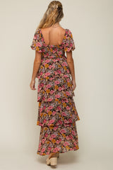 Brown Floral Smocked Square Neck Ruffle Layered Maternity Maxi Dress