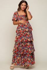 Black Floral Smocked Square Neck Ruffle Layered Maternity Maxi Dress