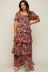 Black Floral Smocked Square Neck Ruffle Layered Maternity Maxi Dress