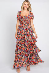 Black Floral Smocked Square Neck Ruffle Layered Maxi Dress