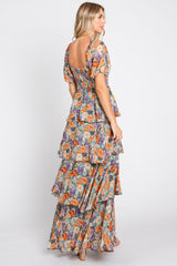 Blue Floral Smocked Square Neck Ruffle Layered Maxi Dress