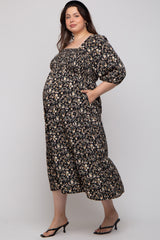 Black Floral Smocked Tiered Maternity Plus Maxi Dress